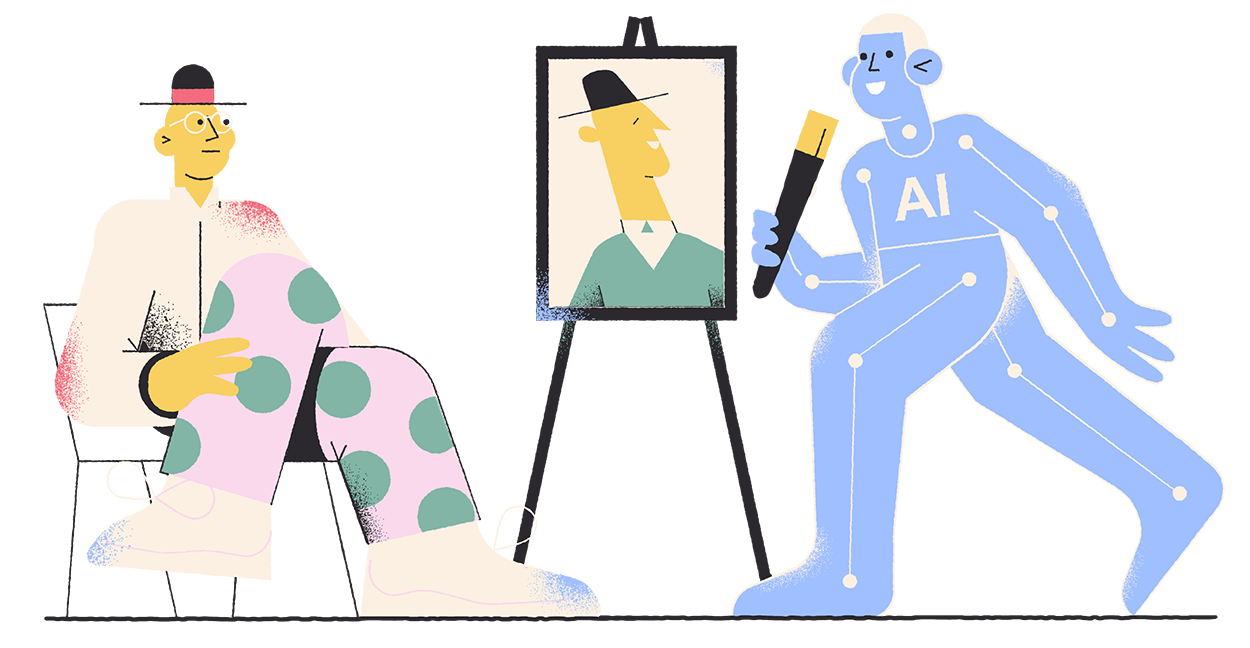 AI artist shorter An Illustration of an Ai person painting someone - it demonstrates how Microsoft Copilot for Business can aid those who integrate it into their workplace