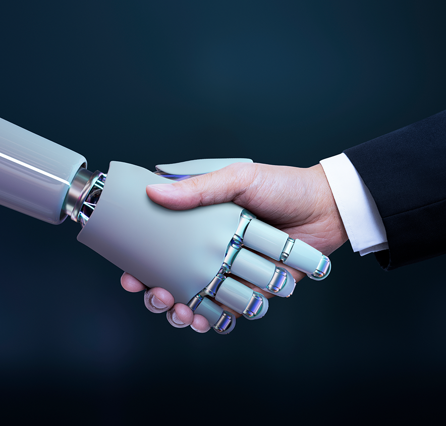 handshake narrow 2 An AI generated image of a business person shaking hands with a robot